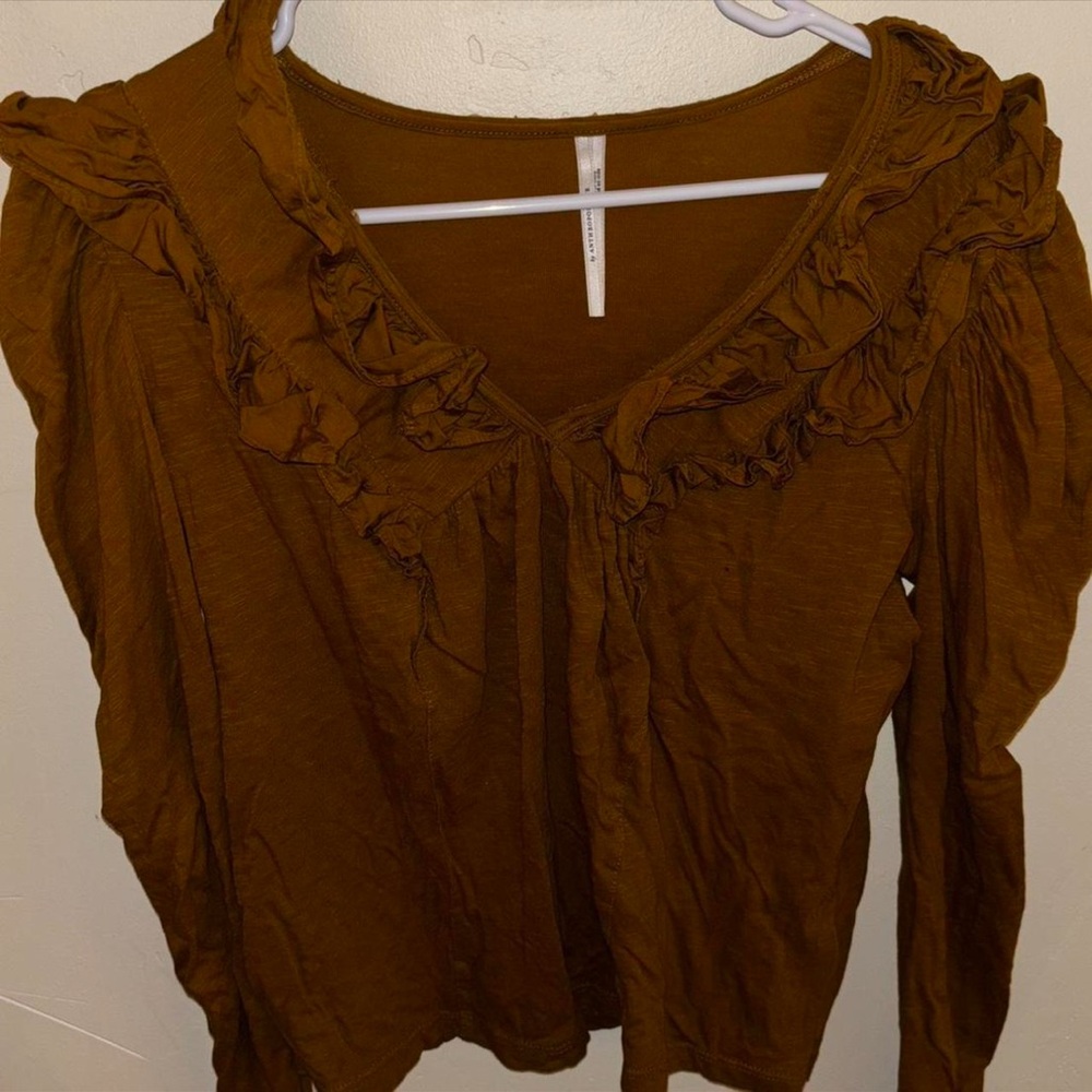 Anthropologie Ruffled Brown Blouse